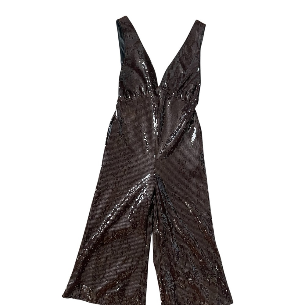 Line & Dot Brown Sequin Wide Leg Jumpsuit XS Deep V Neck Holiday Party REVOLVE - Picture 4 of 15